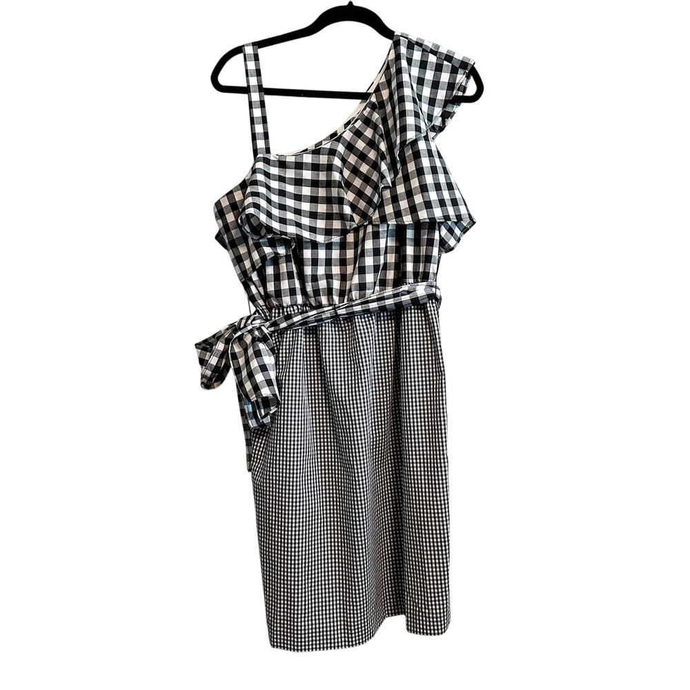 Calvin Klein Black White Gingham Print One Shoulder Summer Dress NWT Size 14